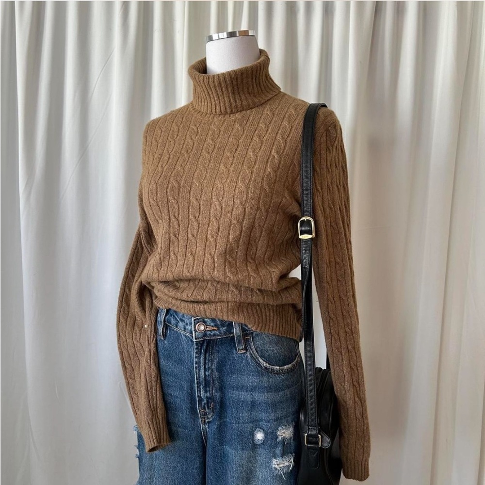 J.Crew tan cable knit turtleneck sweater wool cashmere blend size Large. - Picture 6 of 8